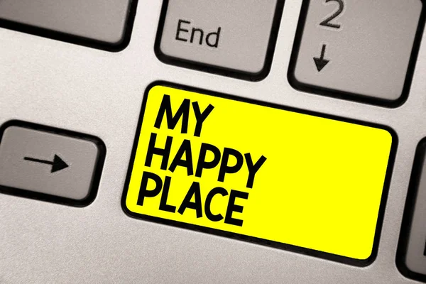 Word writing text My Happy Place. Business concept for Space where you feel comfortable happy relaxed inspired Keyboard yellow key Intention create computer computing reflection document