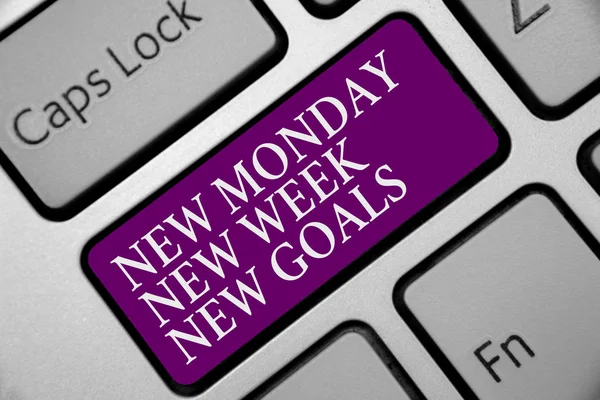 Word writing text New Monday New Week New Goals. Business concept for Be positive every start of the week Keyboard purple key Intention create computer computing reflection document
