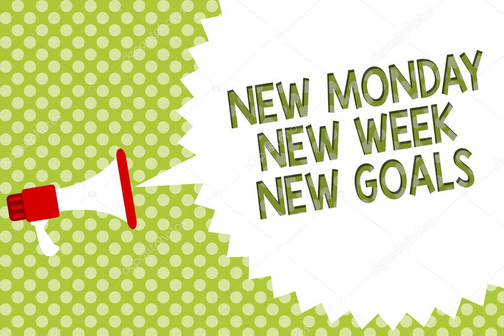 Word writing text New Monday New Week New Goals. Business concept for Be positive every start of the week Megaphone loudspeaker speech bubble message green background halftone