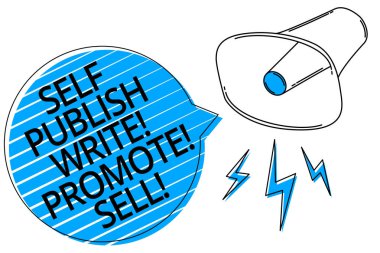 Word metin kendini yayınlamak yazma teşvik satmak yazma. İş kavramı otomatik Promosyon pazarlama tanıtım megafon hoparlör mavi konuşma balonu yazma için önemli yüksek sesli mesaj çizgili