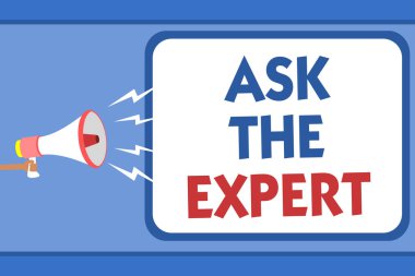 Uzman sormak gösterilen metin işareti. Kavramsal fotoğraf profesyonel tavsiye için istek yardım destek adam elinde megafon hoparlör konuşma balonu mesajı yüksek sesle konuşan arıyorsunuz