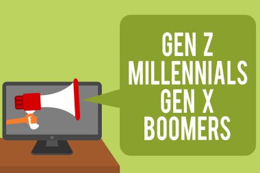Kavramsal el gen Z Millennials Gen X Boomers gösterilen yazma. Megafon hoparlör bilgisayar ekran konuşma balonu tutan adam iş fotoğraf metin kuşak farklılıklar eski genç insanlar