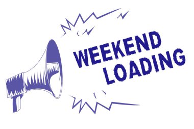 Word metin yazma hafta sonu yükleniyor. İş kavramı başlangıç Cuma parti dinlenmek için zaman mutlu dinlenme tatil mor megafon hoparlör önemli mesajı yüksek sesle çığlık konuşma