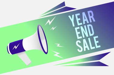 Metin yazma yıl ve satış kelime. Yıllık indirim tatil sezonu izni geleneksel megafon hoparlör konuşma balonu önemli mesaj yüksek sesle konuşan iş kavramı