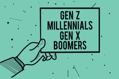 Gen Z Millennials Gen X Boomers gösterilen metin işareti. Kavramsal fotoğraf kuşak farklılıklar eski genç insanlar adam el holding kağıt bilgi nokta turkuaz arka plan iletişim