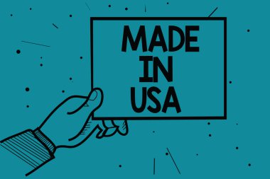 ABD'de yapılan gösterilen Not yazma. Amerikan markası Amerika Birleşik Devletleri üretilen yerel ürün adam el kağıt iletişim tutarak vitrine iş fotoğraf turkuaz arka plan noktalı