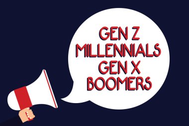 Gen Z Millennials Gen X Boomers gösterilen Not yazma. Kuşak farklılıklar eski genç vitrine iş fotoğraf insanlar megafon hoparlör konuşma balonu siyah arka plan tutan adam