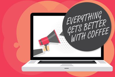 Word metin her şeyi alır daha iyi ile kahve yazma. İş kavramı için having problem adam sıcak bir içecek var megafon hoparlör bilgisayar ekranında konuşma balonu söz tutan