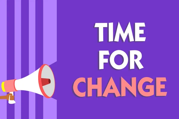 Conceptual hand writing showing Time For Change. Business photo text Changing Moment Evolution New Beginnings Chance to Grow Megaphone loudspeaker purple stripes important message speaking