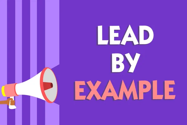 Conceptual hand writing showing Lead By Example. Business photo text Be a mentor leader follow the rules give examples Coach Megaphone loudspeaker purple stripes important message speaking
