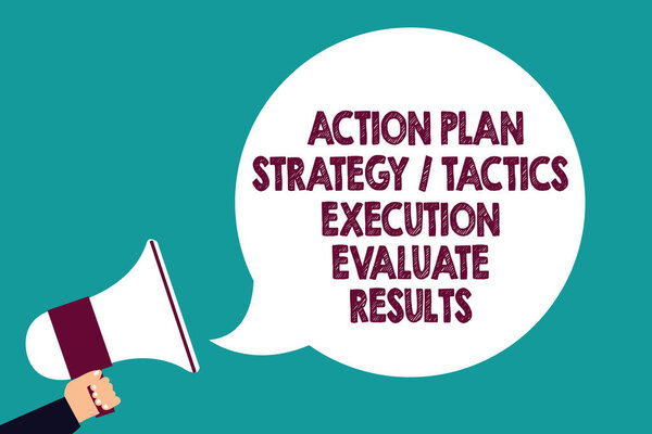 Text sign showing Action Plan Strategy Tactics Execution Evaluate Results. Conceptual photo Management Feedback Man holding megaphone loudspeaker speech bubble screaming green background