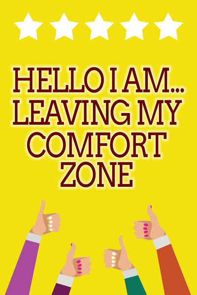 Conceptual hand writing showing Hello I Am... Leaving My Comfort Zone. Business photo showcasing Making big changes Evolution Growth Men women hands thumbs up five stars yellow background