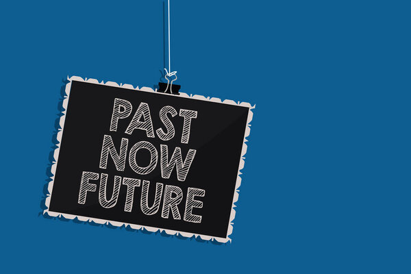 Writing note showing Past Now Future. Business photo showcasing Last time Present Following actions Destiny Memories Hanging blackboard message communication information blue background