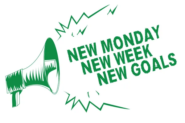 手書きのテキストが新しい月曜日新しい週新しい目標を書きます 概念の重要な週の緑のメガホン スピーカーのすべての開始メッセージ大声で叫んで話す肯定的意味 — ストック写真