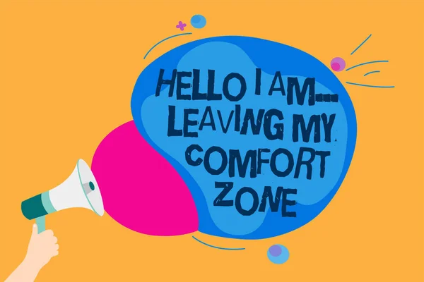 Word writing text Hello I Am... Leaving My Comfort Zone. Business concept for Making big changes Evolution Growth Man holding Megaphone loudspeaker screaming talk colorful speech bubble