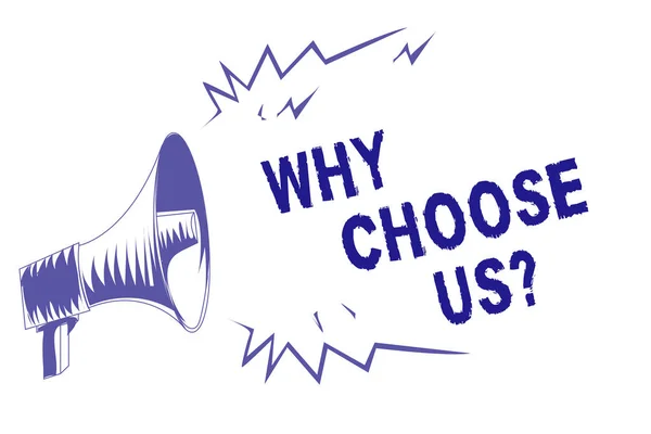 Word writing text Why Choose Us question. Business concept for Reasons for choosing our brand over others arguments Purple megaphone loudspeaker important message screaming speaking loud