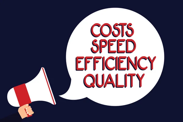 Writing note showing Costs Speed Efficiency Quality. Business photo showcasing Efficient operation inputs outputs balance Man holding megaphone loudspeaker speech bubble black background