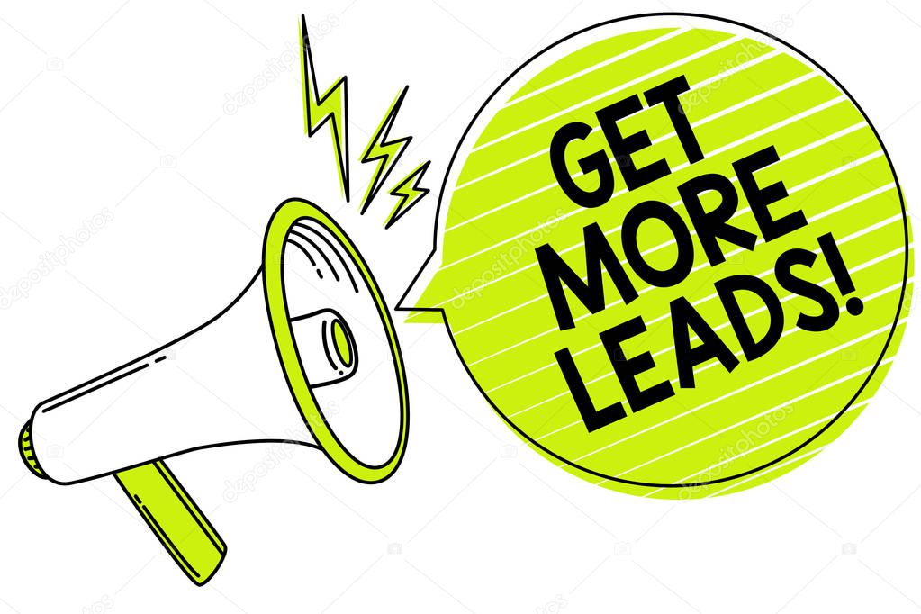 Conceptual hand writing showing Get More Leads. Business photo text Look for new clients customers followers Marketing strategy Megaphone loudspeaker yellow speech bubble important message