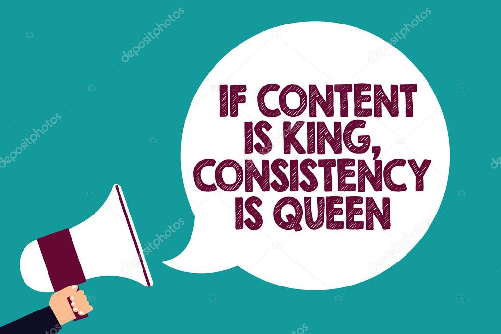 Text sign showing If Content Is King, Consistency Is Queen. Conceptual photo Marketing strategies Persuasion Man holding megaphone loudspeaker speech bubble screaming green background
