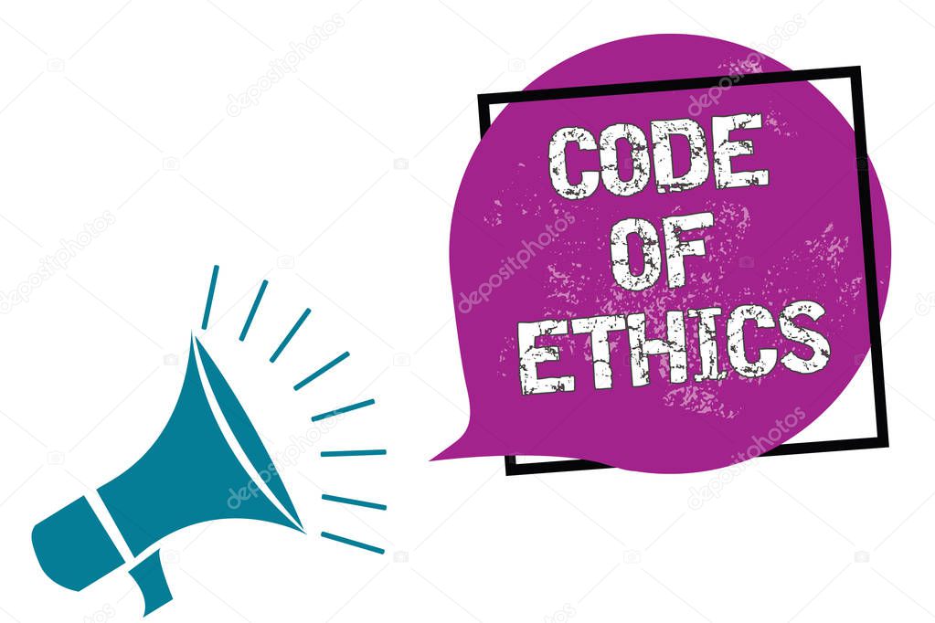 Conceptual hand writing showing Code Of Ethics. Business photo showcasing Moral Rules Ethical Integrity Honesty Good procedure Megaphone speaking loud screaming frame purple speech bubble