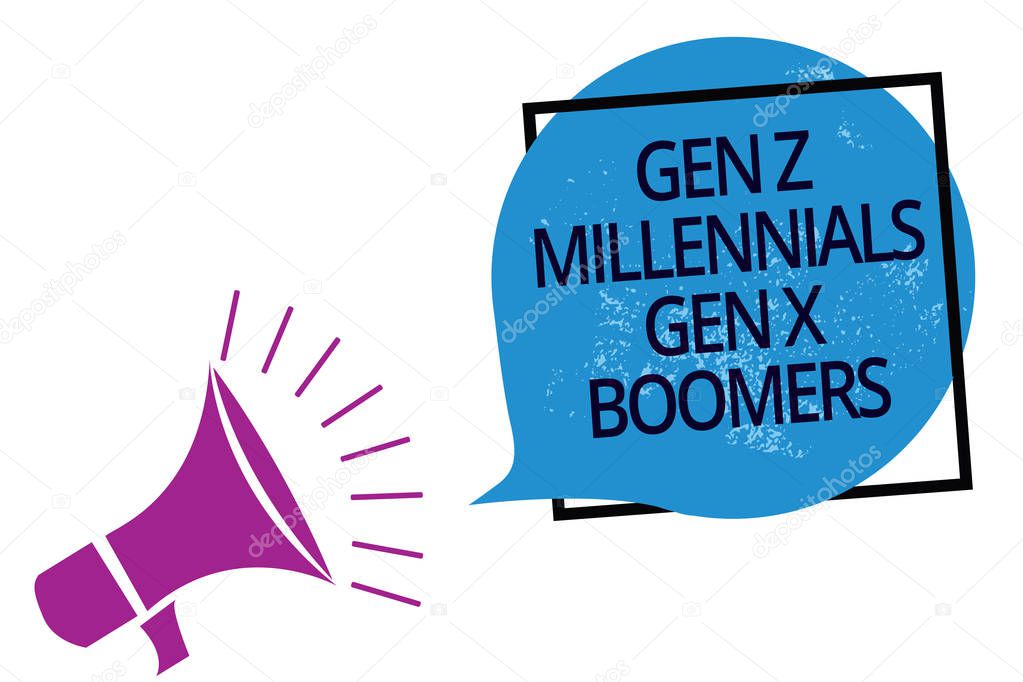 Text sign showing Gen Z Millennials Gen X Boomers. Conceptual photo Generational differences Old Young people Megaphone loudspeaker speaking loud screaming frame blue speech bubble