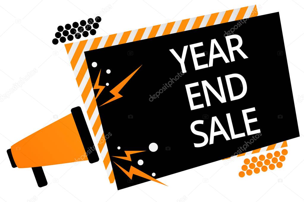 Writing note showing Year And Sale. Business photo showcasing Annual Discounts Holiday Season clearance Traditional Megaphone loudspeaker orange striped frame important message speaking