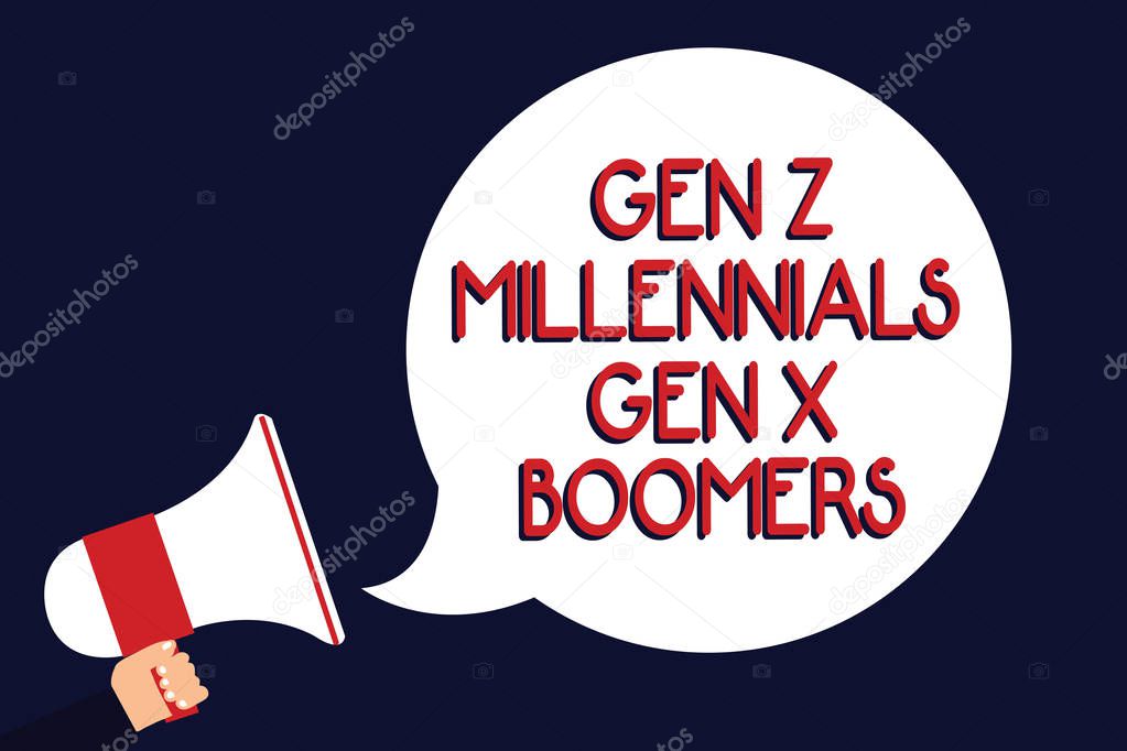 Writing note showing Gen Z Millennials Gen X Boomers. Business photo showcasing Generational differences Old Young people Man holding megaphone loudspeaker speech bubble black background