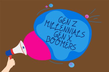 Kavramsal el gen Z Millennials Gen X Boomers gösterilen yazma. İş fotoğraf metin kuşak farklılıklar eski genç adam konuşma konuşma balonu çığlık megafon hoparlör tutan insanlar