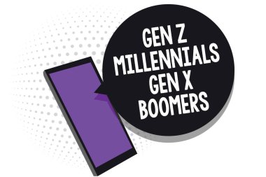Gen Z Millennials Gen X Boomers gösterilen Not yazma. Kuşak farklılıklar eski genç insanlar cep telefonu uygulamaları kullanarak metin iletileri sohbet bilgi alma vitrine iş fotoğraf