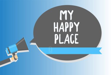 Happy yerimi gösterilen metin işareti. Kavramsal fotoğraf nerede mutlu rahat rahat alan megafon hoparlör konuşma balonu mesajı yüksek sesle konuşan tutan adam ilham