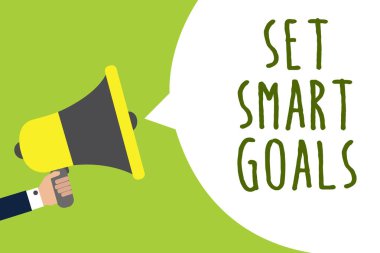 Kavramsal el set akıllı gol gösterilen yazma. Hoparlör konuşma balonu mesajı yüksek sesle konuşan tutan adam iş fotoğraf vitrine ağımdaki ulaşılabilir hedefleri yapmak iyi iş planları