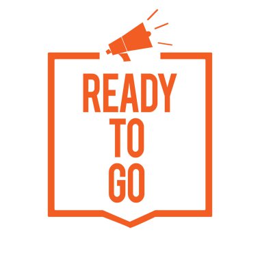 Hazır gitmek gösterilen Not yazma. İş fotoğraf vitrine olan megafon hoparlör turuncu çerçeve önemli bilgilerini iletme gelecekteki seyahat gezi görev başlangıç için hazır