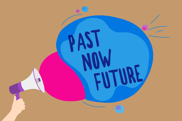 Handwriting text writing Past Now Future. Concept meaning Last time Present Following actions Destiny Memories Man holding Megaphone loudspeaker screaming talk colorful speech bubble