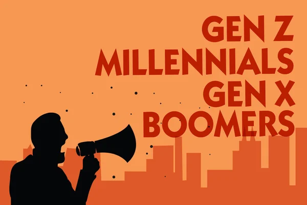 Text sign showing Gen Z Millennials Gen X Boomers. Conceptual photo Generational differences Old Young people Man holding megaphone speaking politician making promises orange background