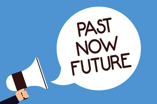 Writing note showing Past Now Future. Business photo showcasing Last time Present Following actions Destiny Memories Man hold megaphone loudspeaker speech bubble screaming blue background