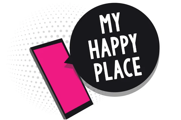 Text sign showing My Happy Place. Conceptual photo Space where you feel comfortable happy relaxed inspired Cell phone receiving text messages chats information using applications