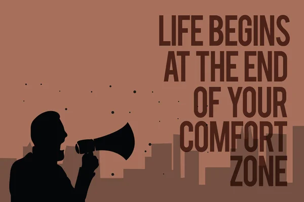 Conceptual Hand Writing Showing Life Begins End Your Comfort Zone — Stock Photo, Image