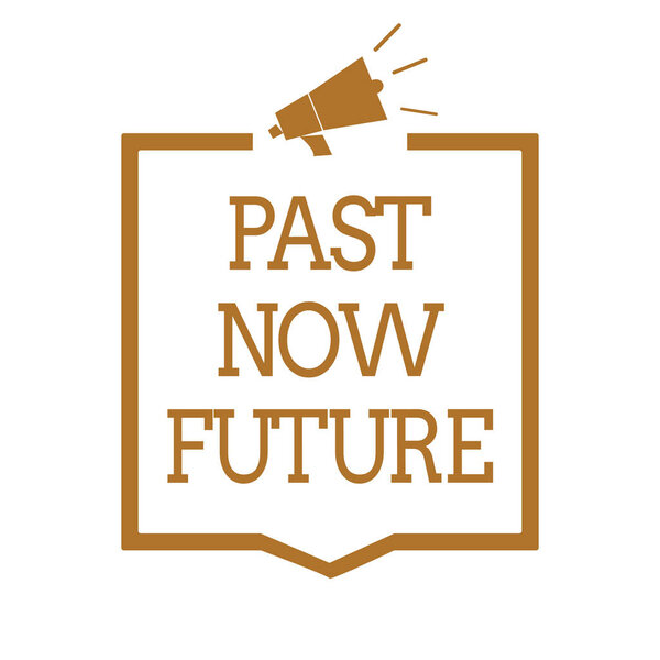 Text sign showing Past Now Future. Conceptual photo Last time Present Following actions Destiny Memories Megaphone loudspeaker brown frame communicating important information