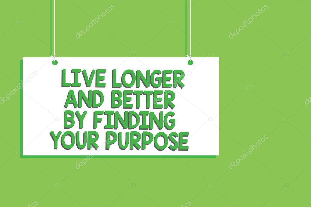 Handwriting text Live Longer And Better By Finding Your Purpose. Concept meaning Look for a goal set mission Hanging board message communication open close sign green background