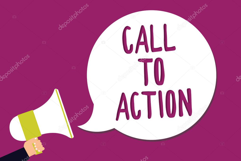 Word writing text Call To Action. Business concept for Encourage Decision Move to advance Successful strategy Man holding megaphone loudspeaker speech bubble screaming purple background