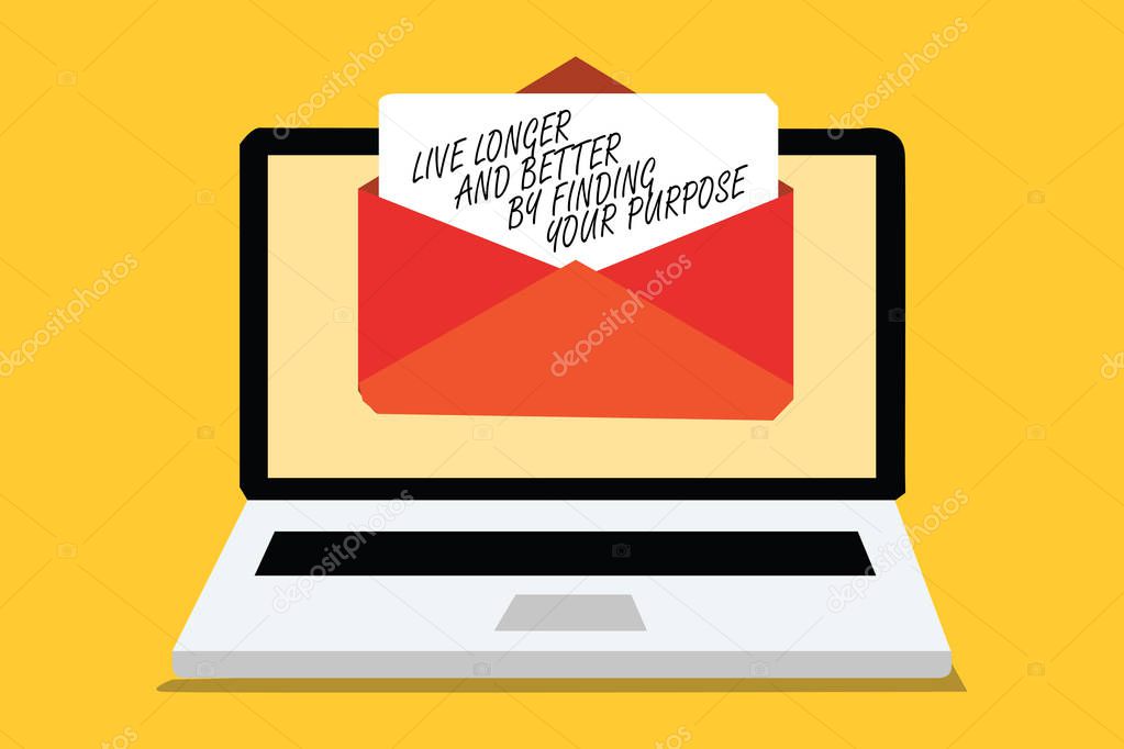 Text sign showing Live Longer And Better By Finding Your Purpose. Conceptual photo Look for a goal set mission Computer receiving email important message envelope with paper virtual