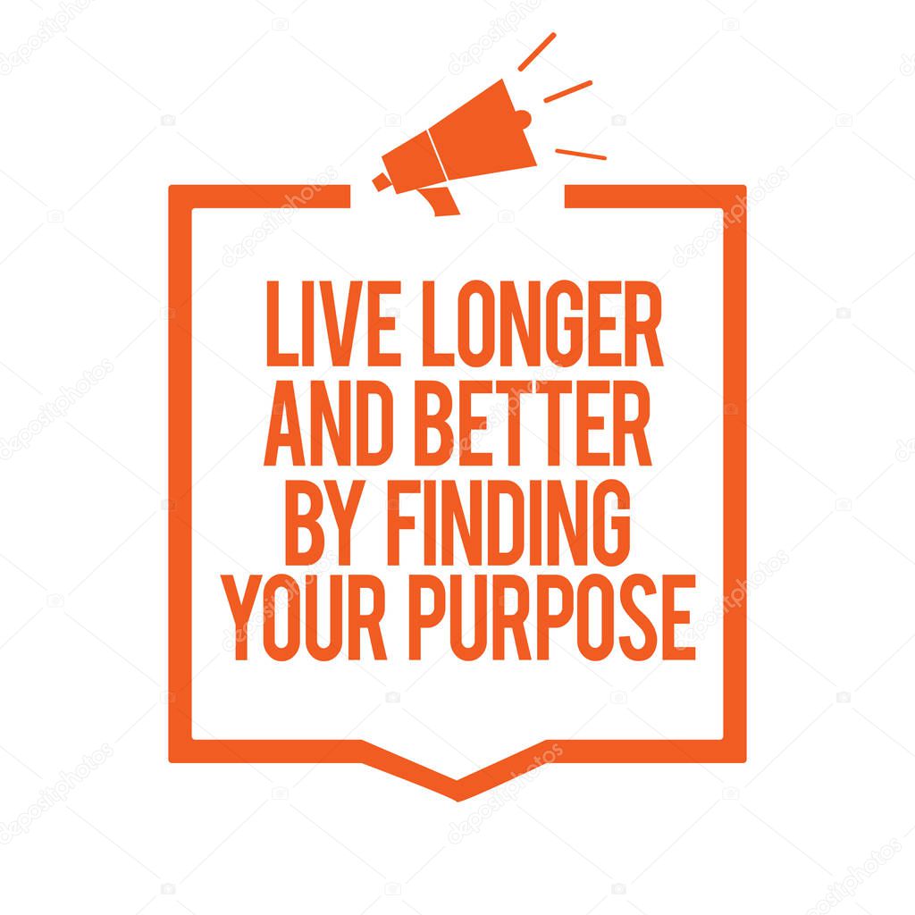 Writing note showing Live Longer And Better By Finding Your Purpose. Business photo showcasing Look for a goal set mission Megaphone loudspeaker orange frame communicating important information