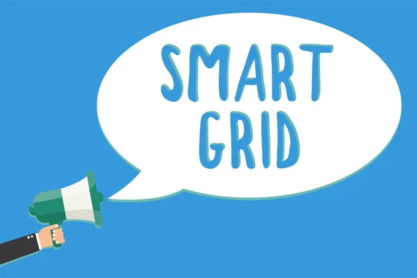 Text sign showing Smart Grid. Conceptual photo includes of operational and energy measures including meters Man holding megaphone loudspeaker speech bubble message speaking loud