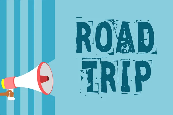 Text sign showing Road Trip. Conceptual photo Roaming around places with no definite or exact target location Megaphone loudspeaker blue stripes important message speaking out loud
