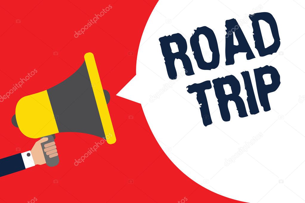 Text sign showing Road Trip. Conceptual photo Roaming around places with no definite or exact target location Man holding megaphone loudspeaker speech bubble message speaking loud