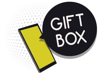 Hediye kutusu gösterilen Not yazma. Cep telefonu uygulamaları kullanarak metin iletileri sohbet bilgi alma iş fotoğraf işleme yeteneğine sahip tasarımları ile küçük bir cointainer vitrine sunar