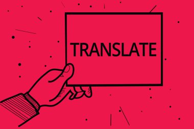 Kavramsal el Translate gösterilen yazma. İş fotoğraf metin bilgilerini iletme bir hedef dil adam holding kağıt aynı eşdeğer anlamı ile başka bir kelime kırmızı arka plan noktalı.