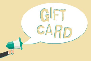 Hediye kartı iş fotoğraf genellikle iletinizi adam içeren kağıttan yapılmış bir hediye vitrine gösterilen Not yazma megafon hoparlör konuşma balonu mesajı yüksek sesle konuşan holding