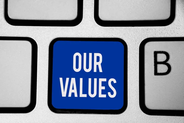 Word Writing Text Our Values Business Concept List Morals Companies — Stock Photo, Image