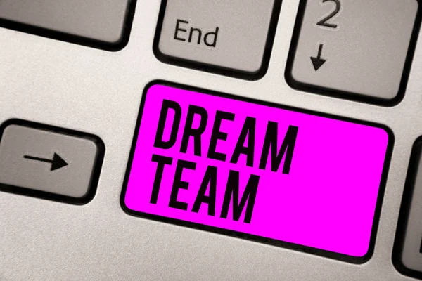 Text sign showing Dream Team. Conceptual photo Prefered unit or group that make the best out of a person Keyboard purple key Intention create computer computing reflection document